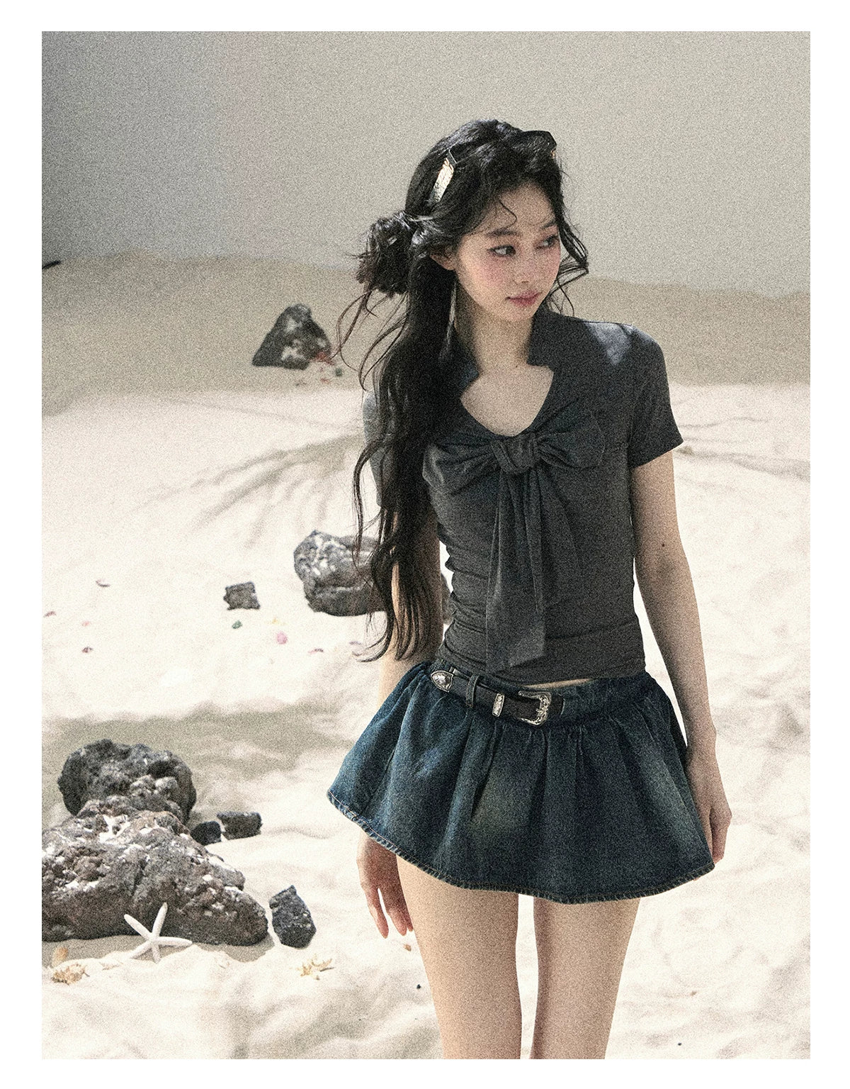 "Breeze Through the Bow" Slate Gray V-Neck Crop Top
