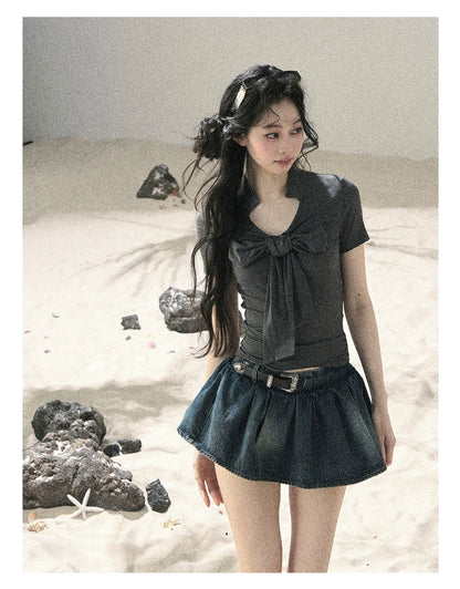 "Breeze Through the Bow" Slate Gray V-Neck Crop Top