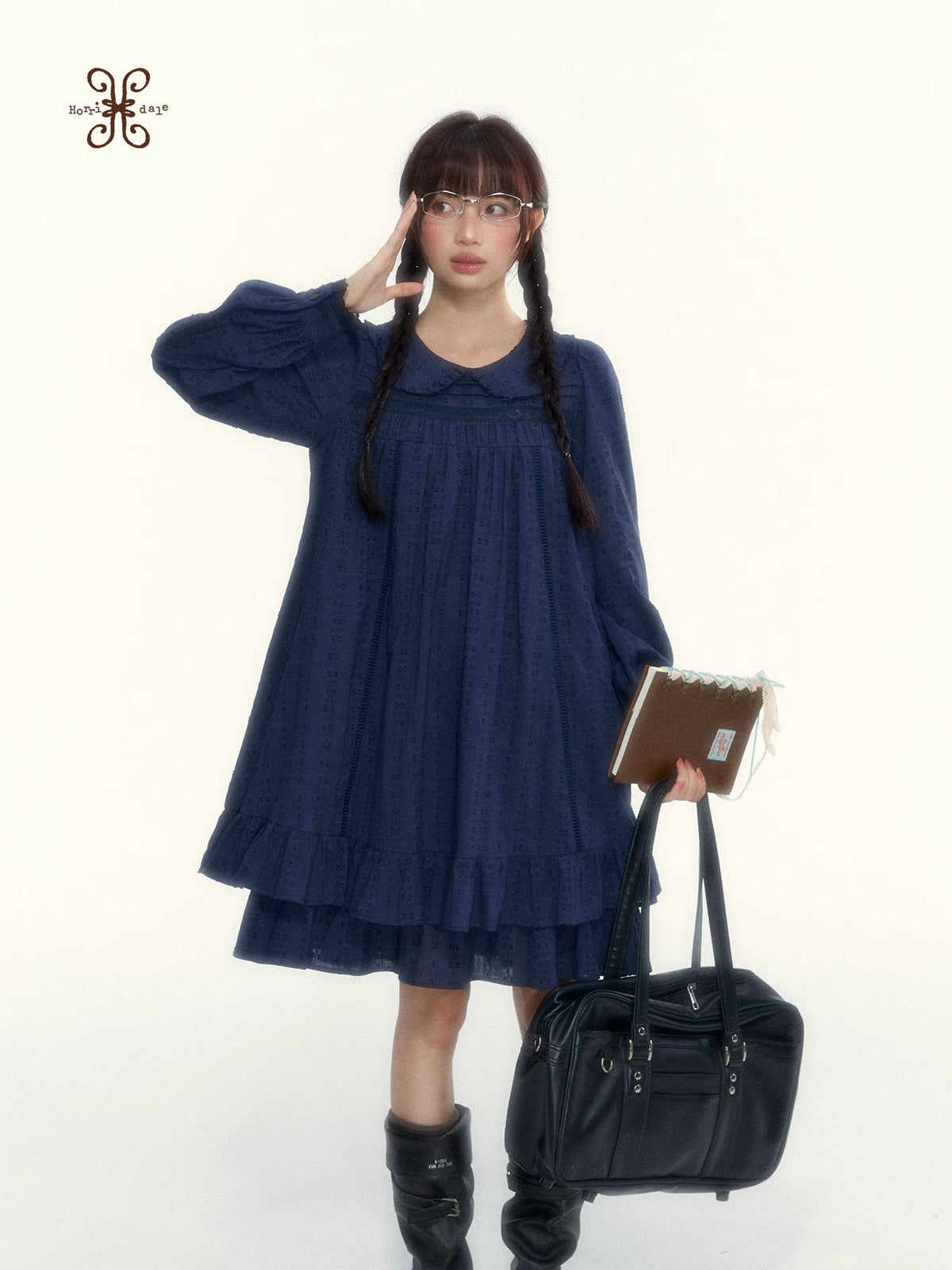 “Vintage Ribbon” Navy Peter Pan Collar Lace-Trimmed A-Line Dress