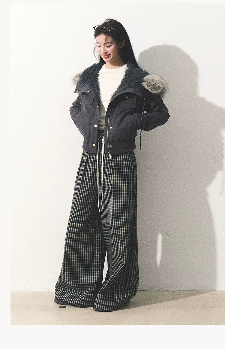 OAKMOO/ "Energy & Freedom" Mocha Gray Fur-Collar Cropped Hoodie Jacket
