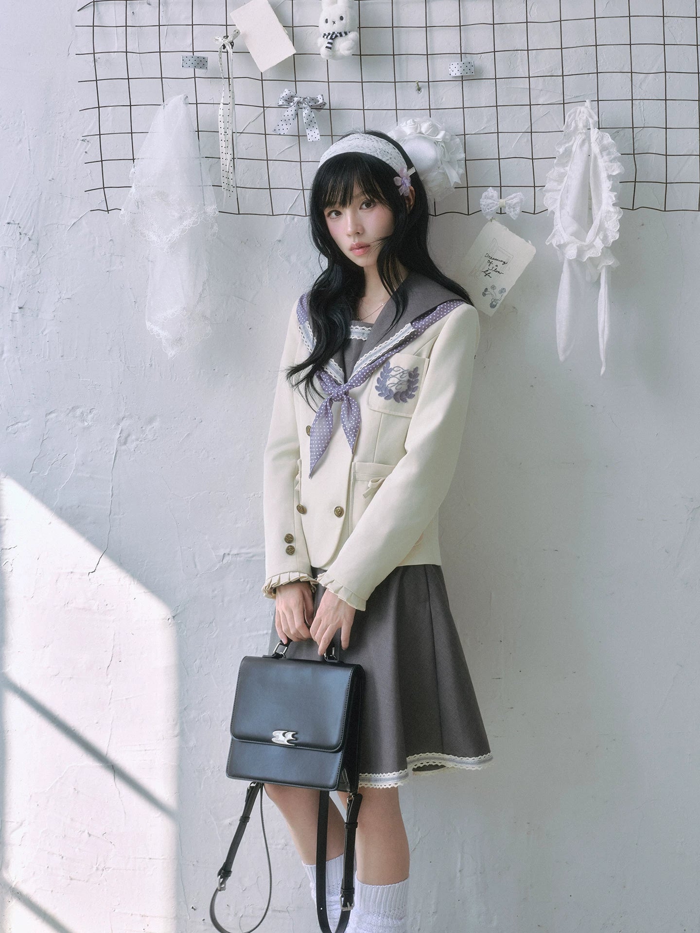 "Showa Era" Layered Uniform Collection (Collarless Blazer / Sailor Blouse / Uniform Skirt / Polka Dot Scarf)