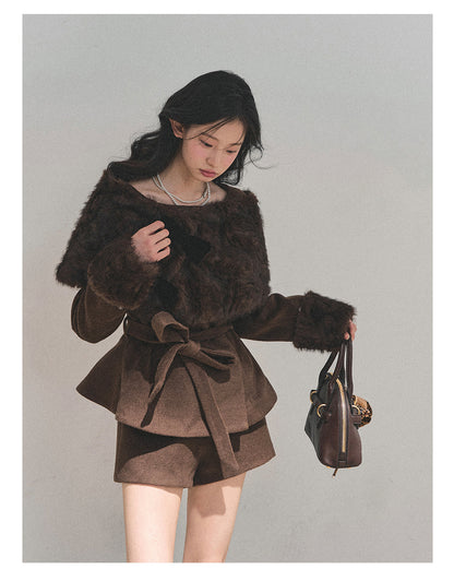 少也眼 “Drifting Through Her Dreams” – Winter Luxe Three-Piece Cape Set - Chestnut Brown 8746513