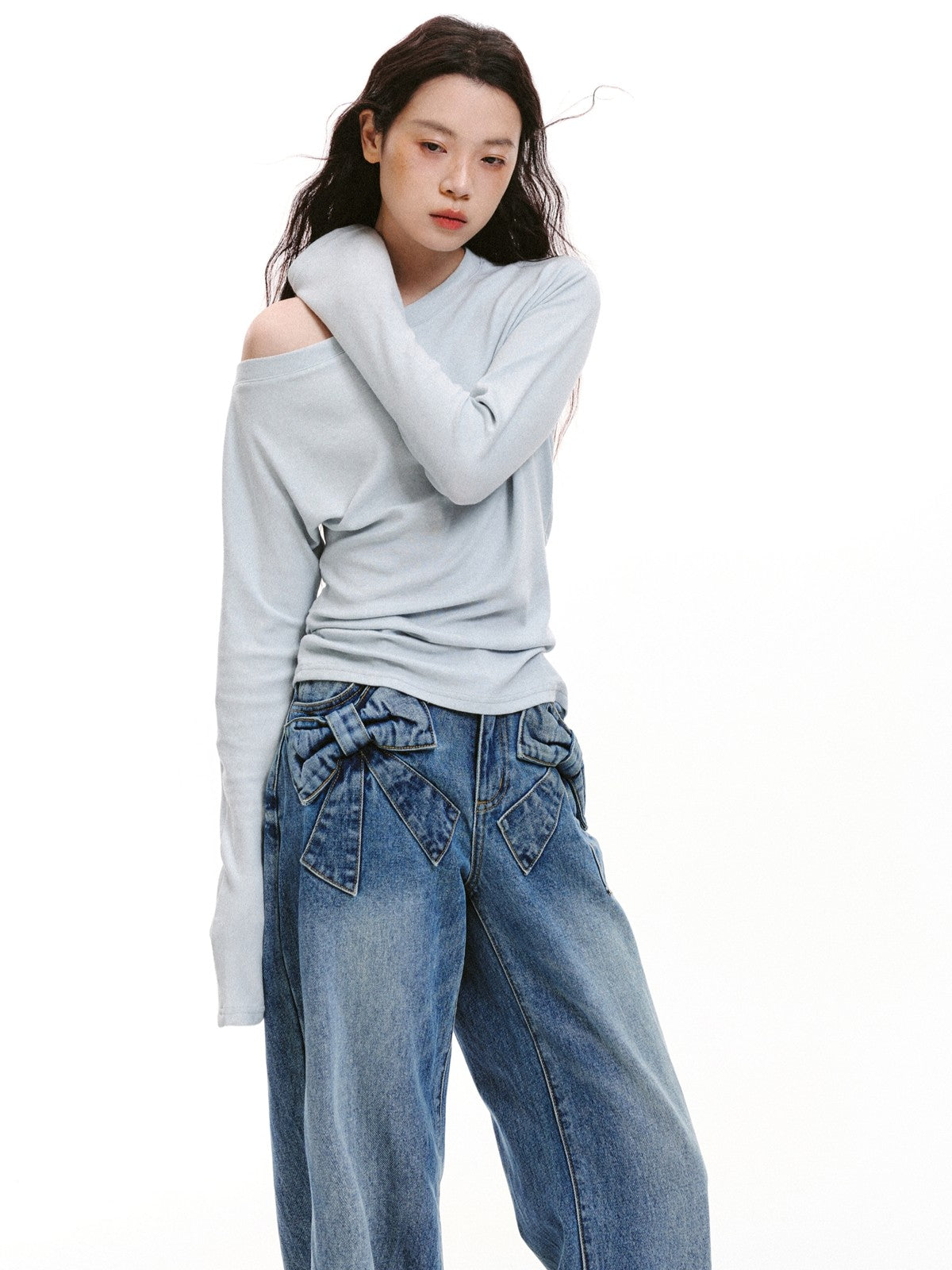 “Bow Pocket Wash” Wide-Leg Loose Denim Jeans - Blue ML6661