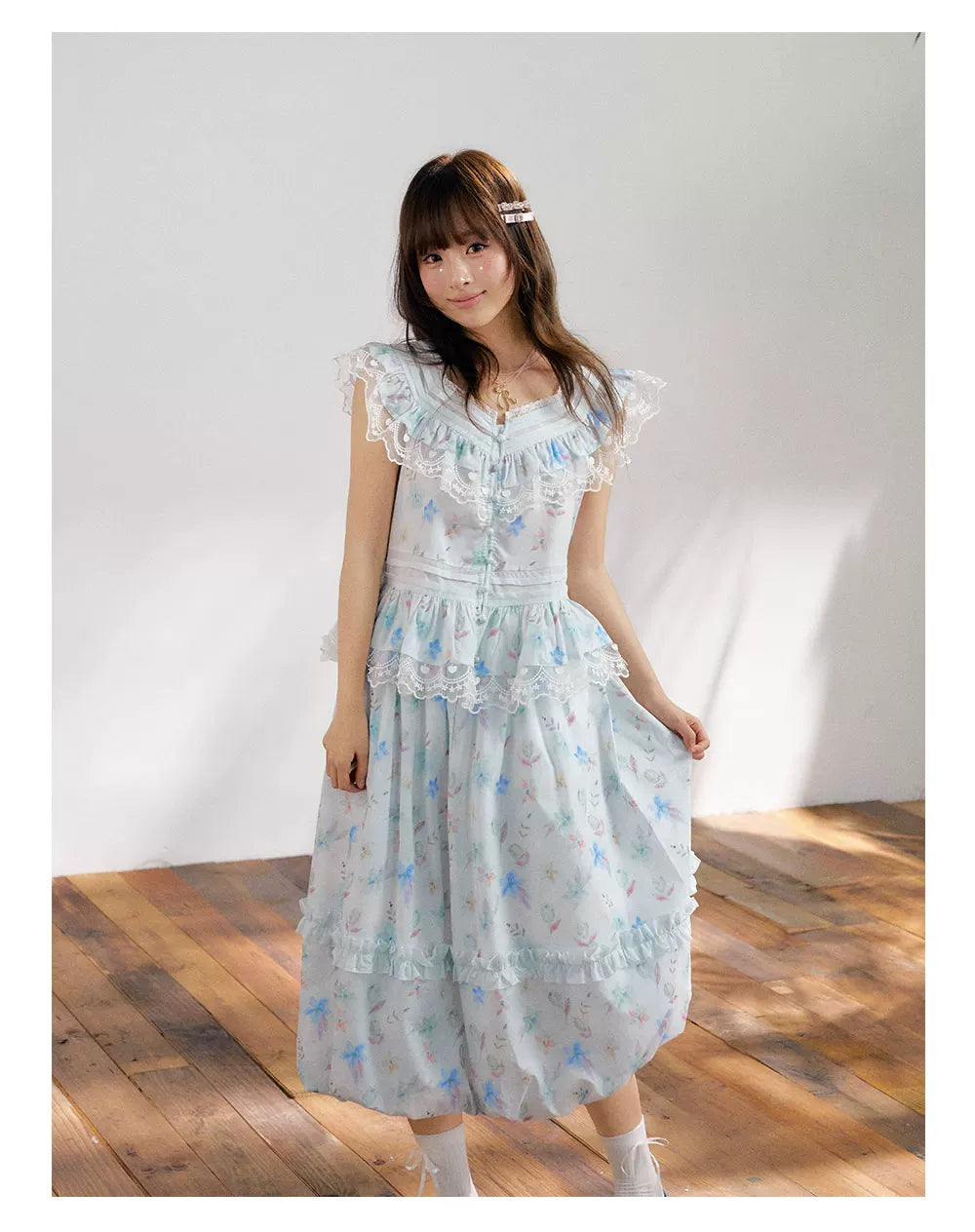 “Mint Blossom Isle” Blue Lace Trim Top & Bubble Hem Skirt