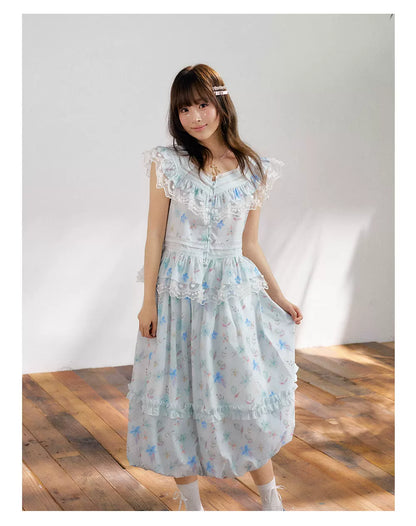 “Mint Blossom Isle” Blue Lace Trim Top & Bubble Hem Skirt