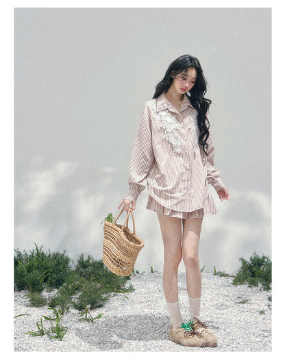 少也眼 "Pink Cloud Reverie" Cinnamon Pink Lace Sweet Two-Piece Skirt Set 563856385