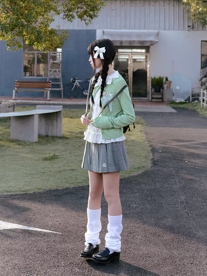 "Spring Jade" Green Polka Dot Collection (Green Knit Cardigan / White Blouse / Green Plaid Pleated Skirt)
