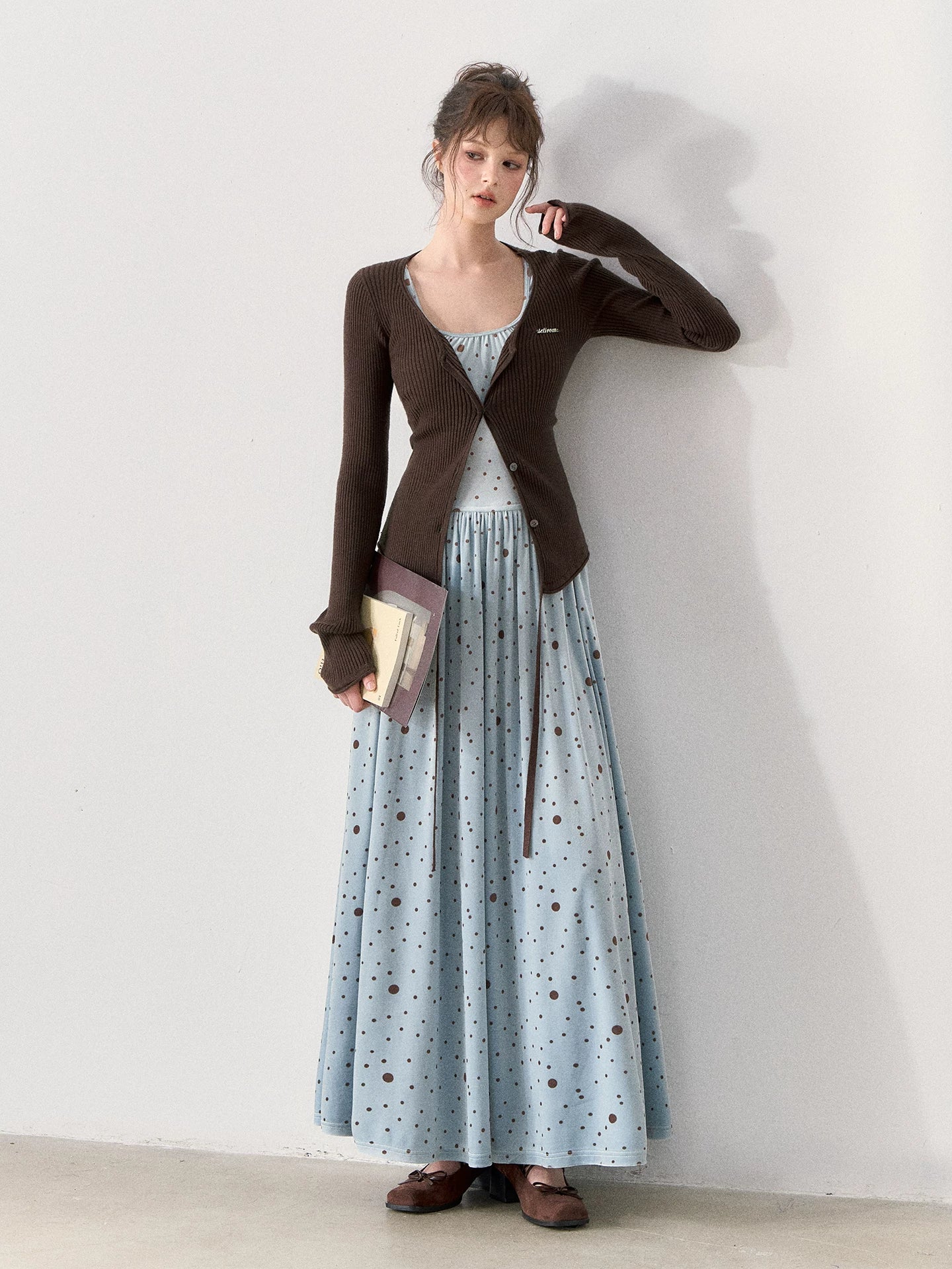 [TMMG] Vintage Polka Dot Velvet Dress & Fitted Ribbed Cardigan Set