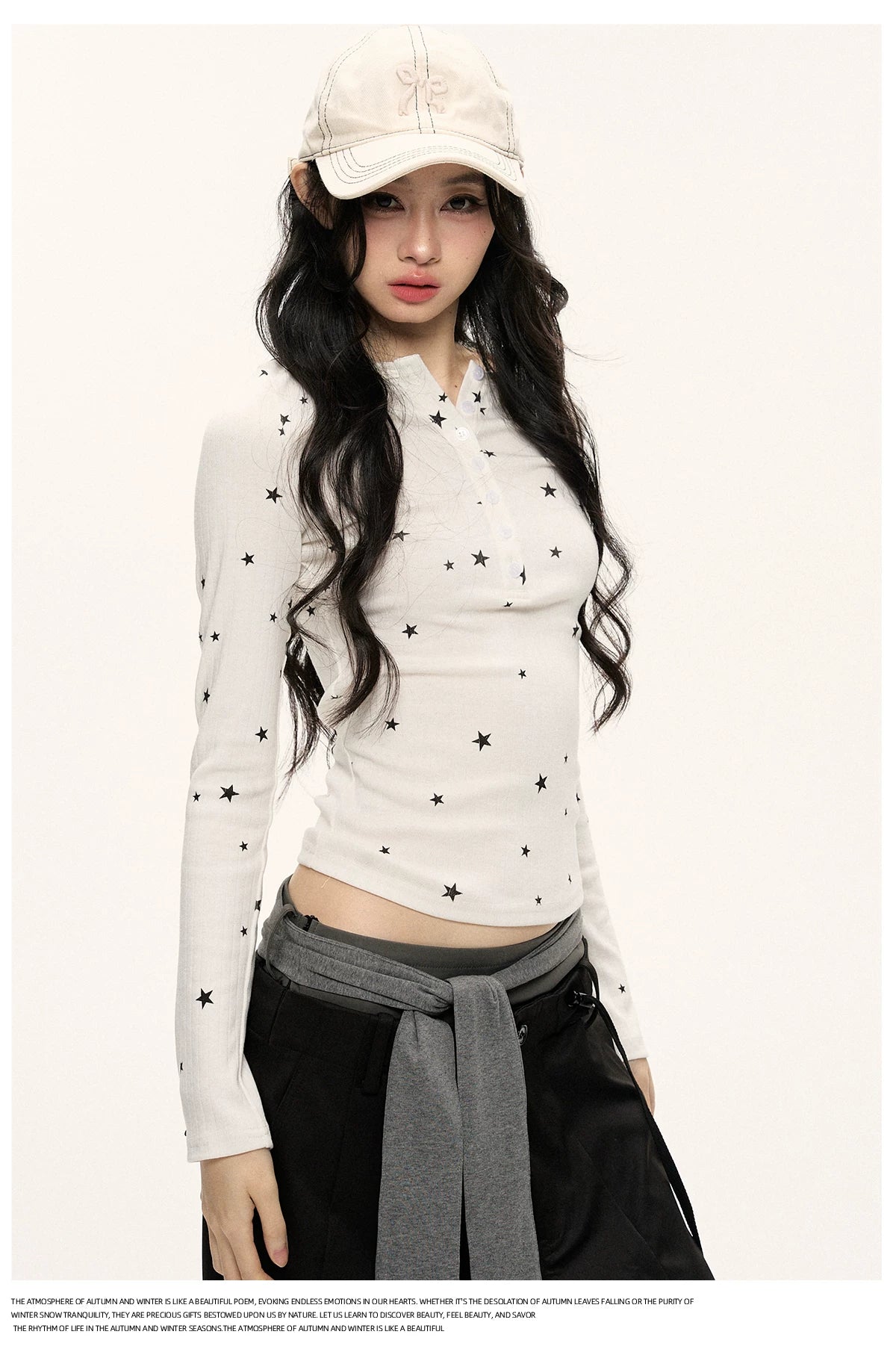 JN's DESIGN - Star Print Fitted Henley Long-Sleeve Top (White / Taro Pink-Purple)