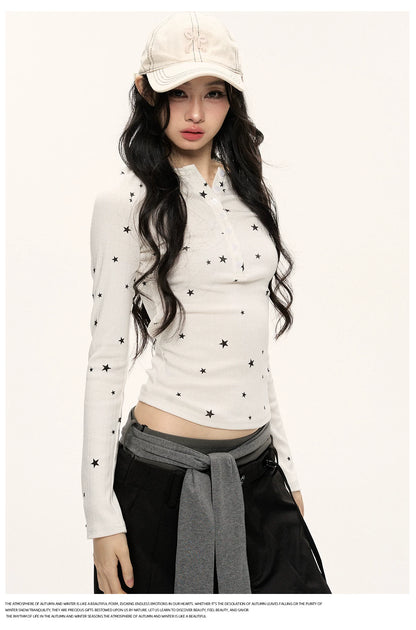 JN's DESIGN - Star Print Fitted Henley Long-Sleeve Top (White / Taro Pink-Purple)