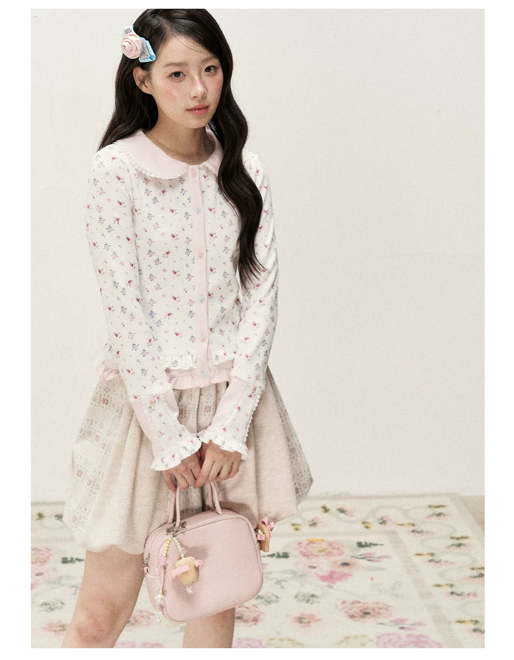 [RF] Waffle Texture Peter Pan Collar Floral Cardigan in Soft Pink