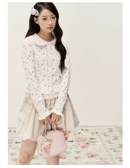 [RF] Waffle Texture Peter Pan Collar Floral Cardigan in Soft Pink