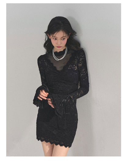少也眼 “The Moment of the Full Moon" French Lace Winter Dress - Black 845613