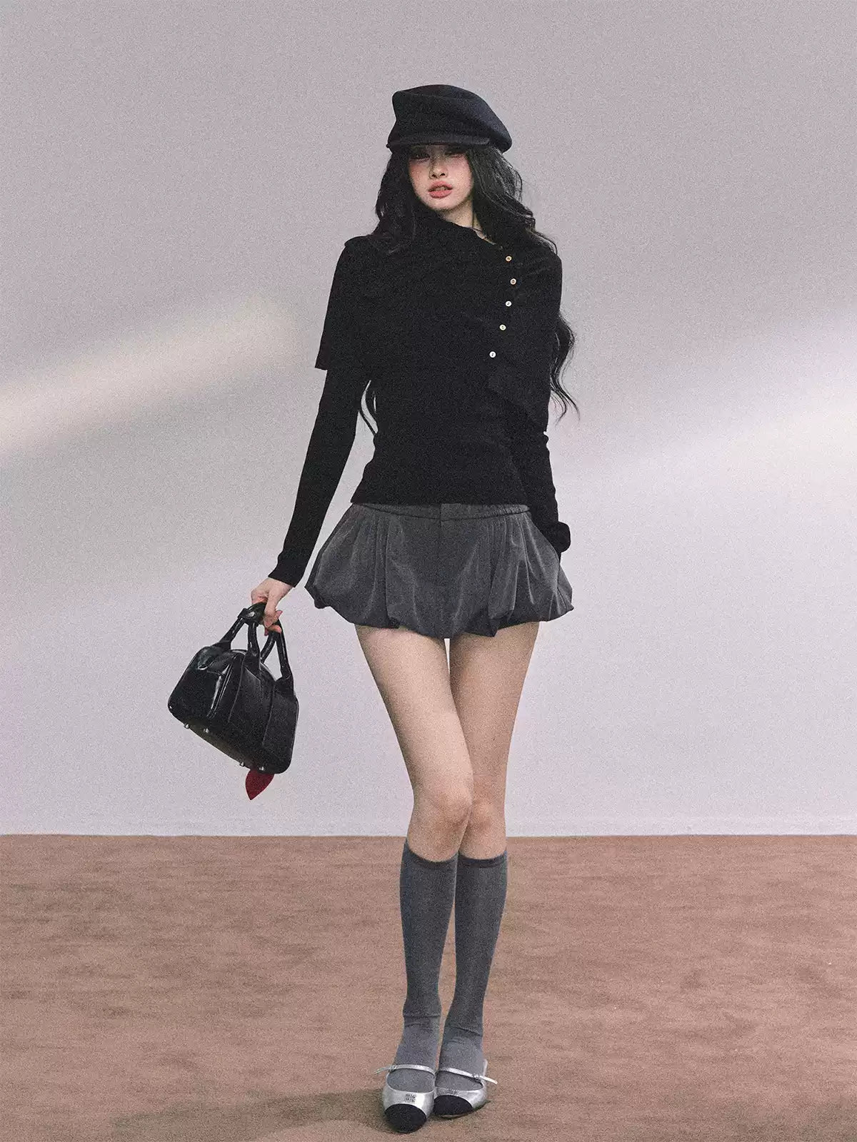 少也眼 Elegant Korean-Style Slim Fit Knit Long Sleeve Top with Cape