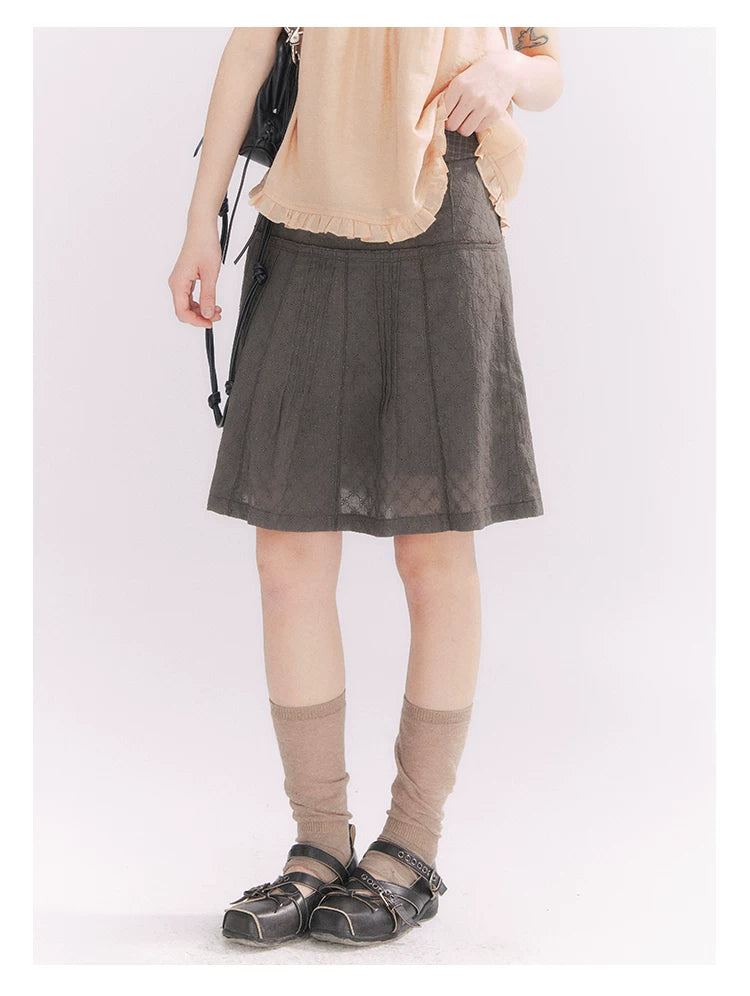 “Misty Texture” Gray Plaid Trim Embroidered A-Line Skirt