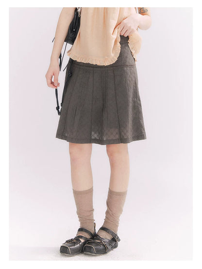 “Misty Texture” Gray Plaid Trim Embroidered A-Line Skirt