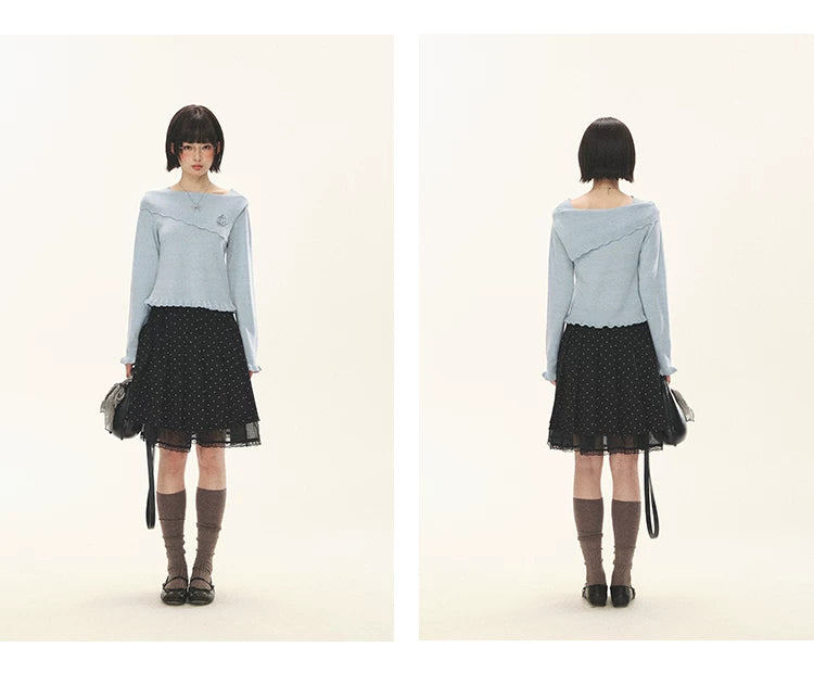 "Sea Salt Bloom" Sea Salt Blue Off-Shoulder Ruffle Knit Sweater