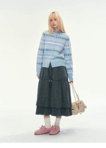 [CAN] Blue Fair Isle Cropped Wool Cardigan (100% Sheep Wool)