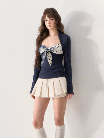 [TMMG] French Retro Polka Dot Plaid Bow Fitted T-Shirt (Deep Navy)