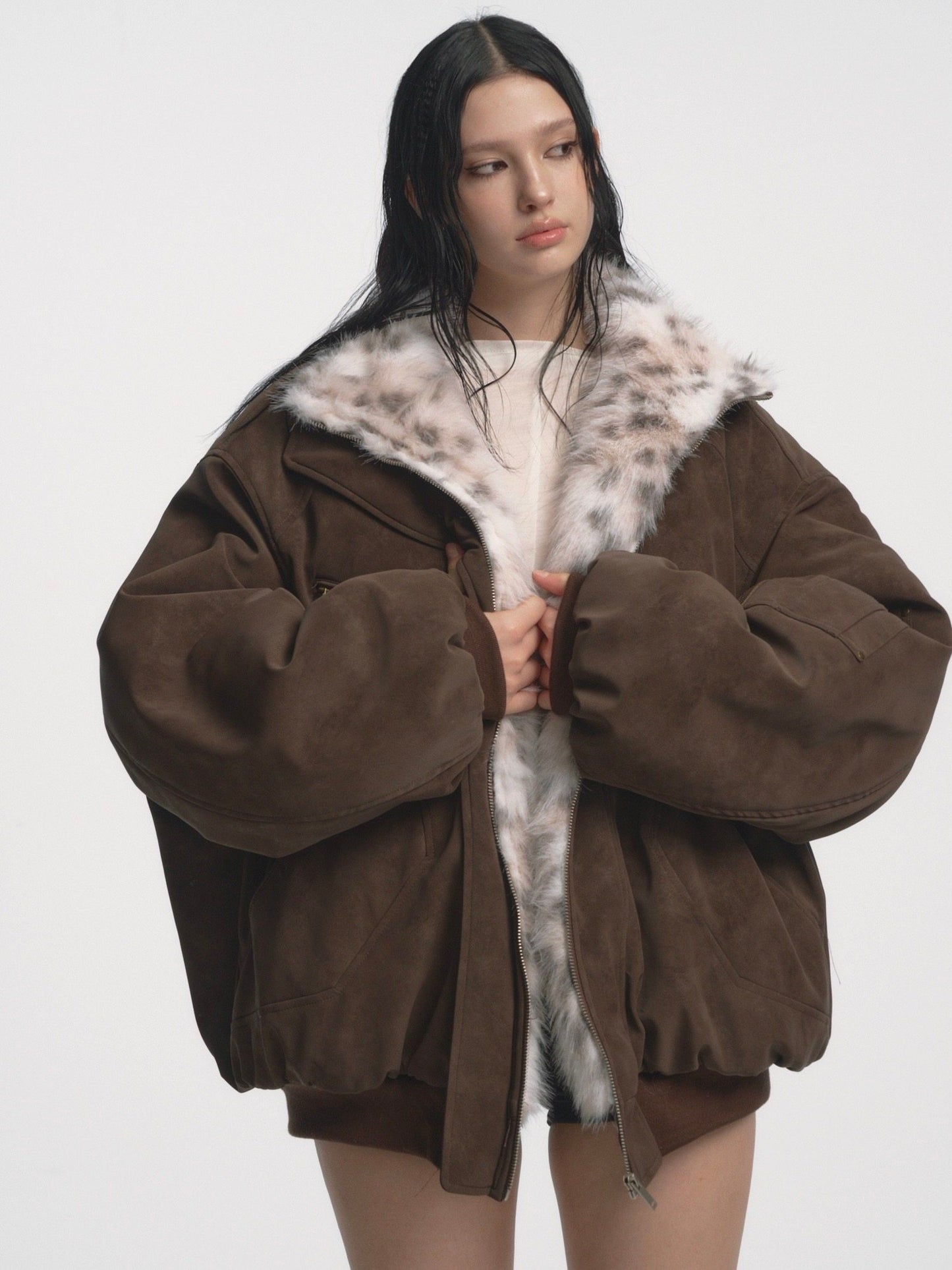 Muirgen - Brown Y2K Reversible Faux Fur Suede Aviator Jacket