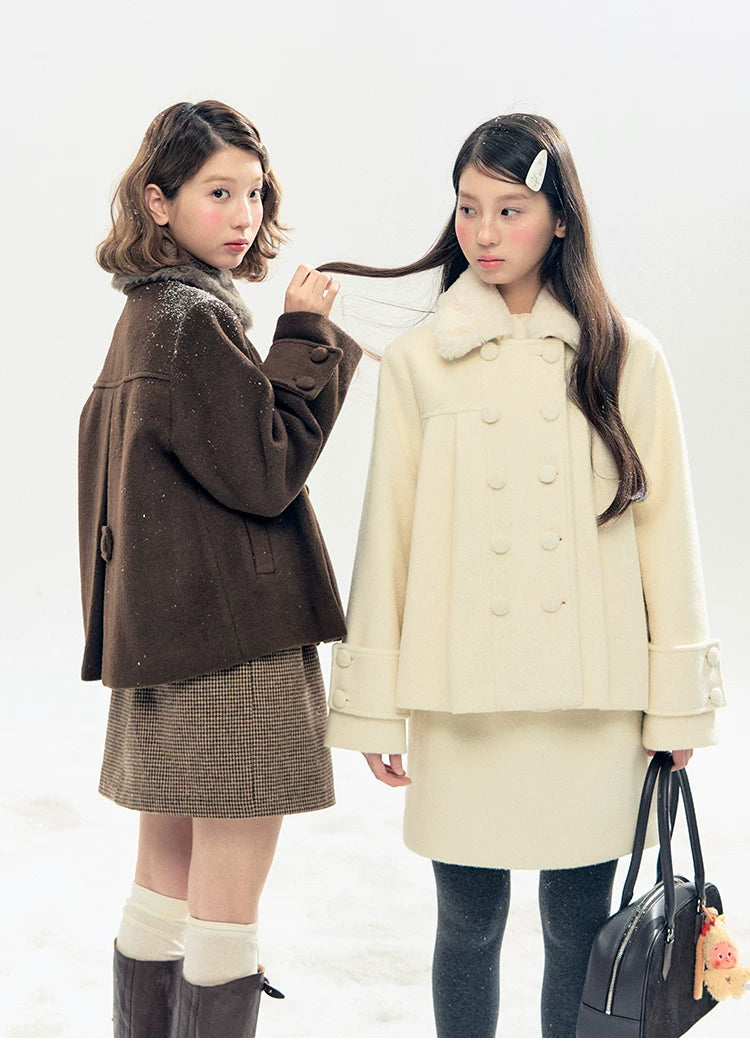 "Berlin Snowfall" Double-Breasted Quilted Wool-Blend Peacoat (Ivory/ Chocolate Brown)