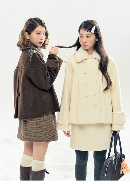"Berlin Snowfall" Double-Breasted Quilted Wool-Blend Peacoat (Ivory/ Chocolate Brown)