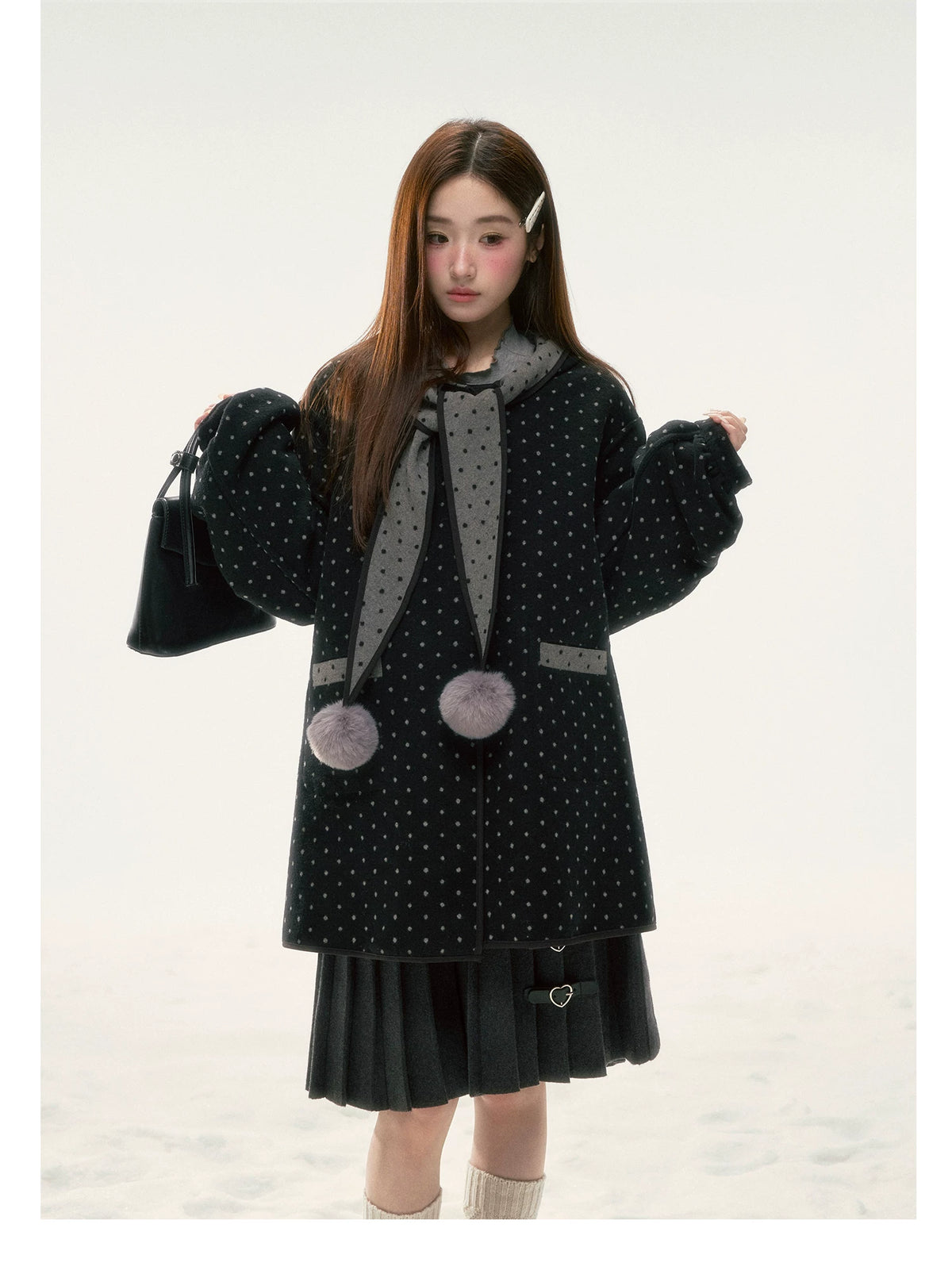 BIBIBENCY - Gray & Black Reversible Polka Dot Wool-Look Coat