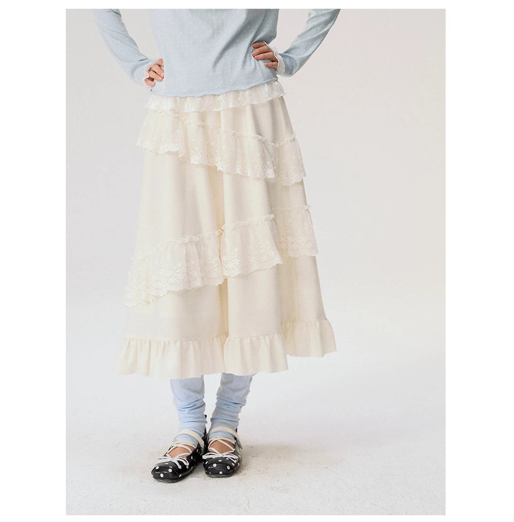 [CAN] "Soft Whisper" Ivory Embroidered Lace Layered Midi Skirt