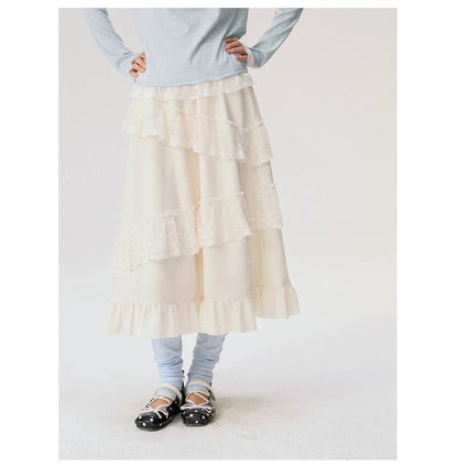 [CAN] "Soft Whisper" Ivory Embroidered Lace Layered Midi Skirt