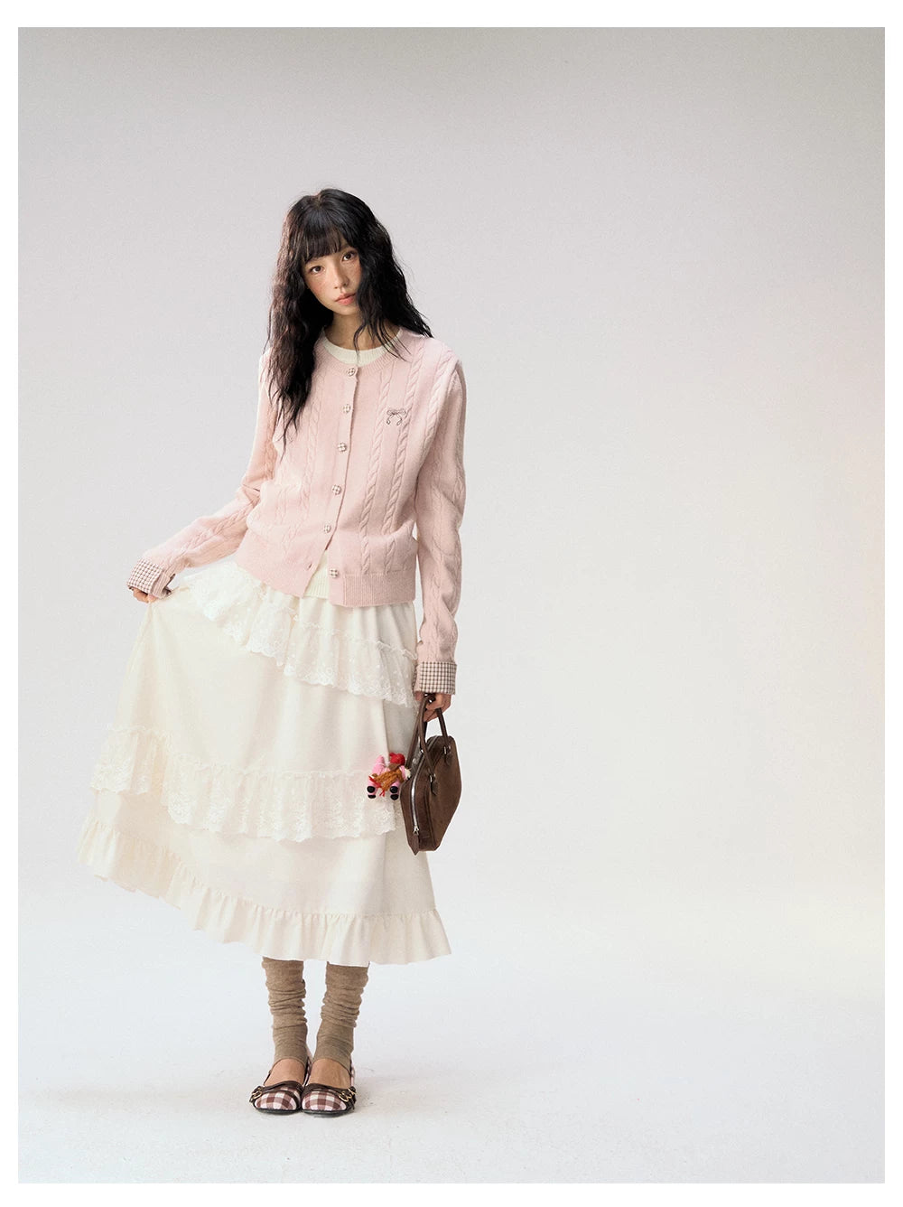 [CAN] "Soft Whisper" Ivory Embroidered Lace Layered Midi Skirt