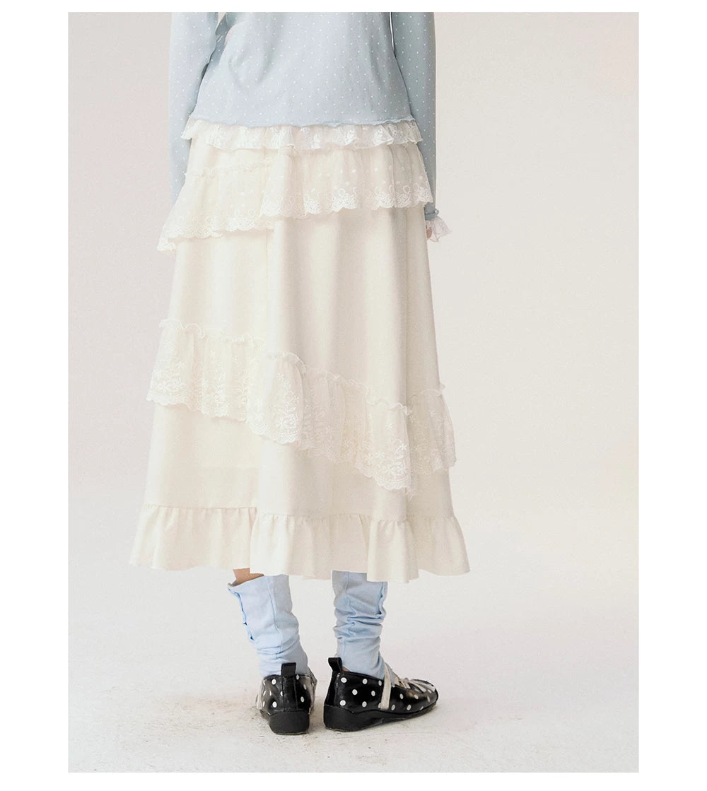 [CAN] "Soft Whisper" Ivory Embroidered Lace Layered Midi Skirt