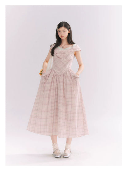 “Heartfelt Rendezvous” Pink Plaid Maxi Dress