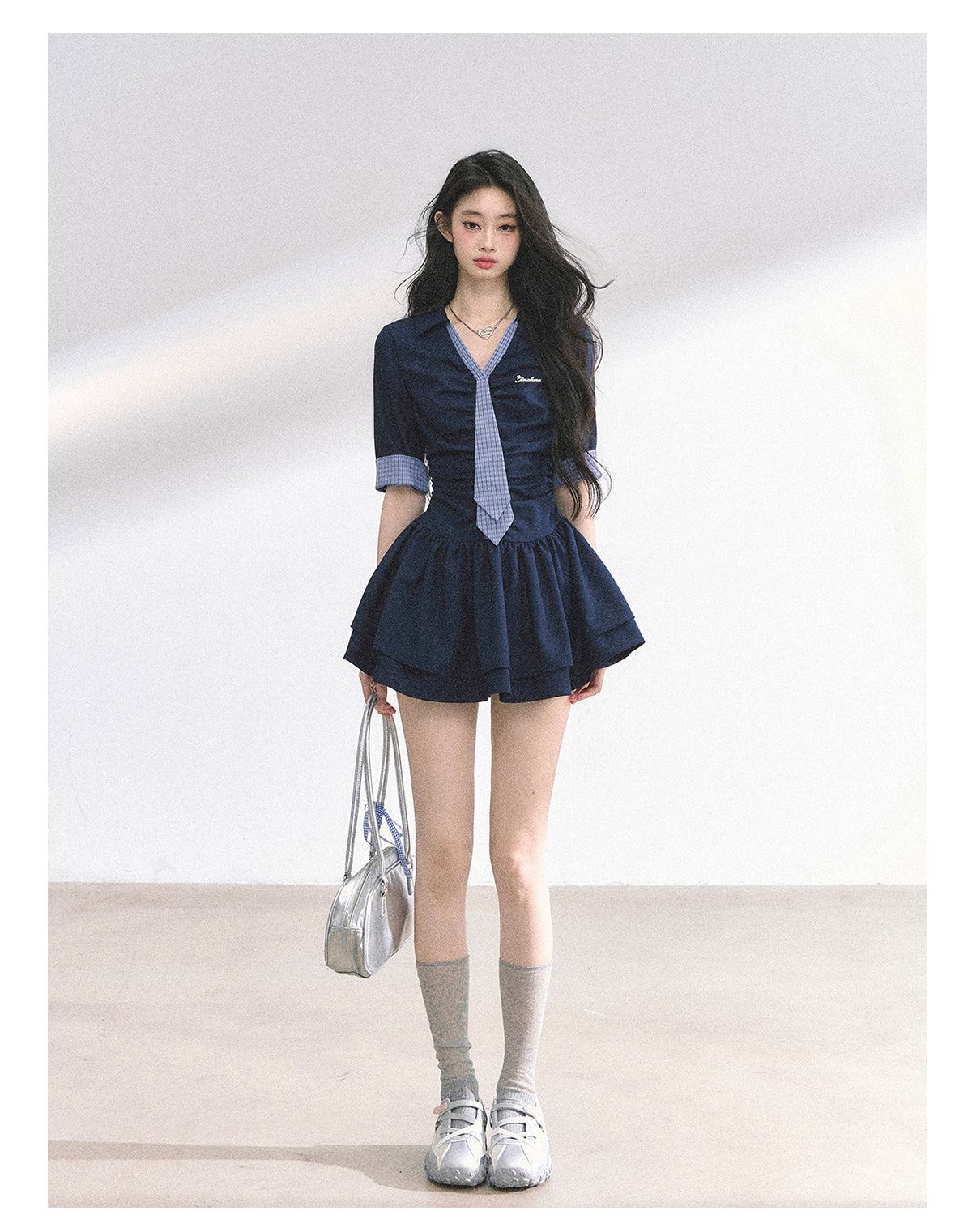少也眼 "London Chronicle" Structured Plaid Puff-Sleeve Mini Shirt Dress - Navy Blue