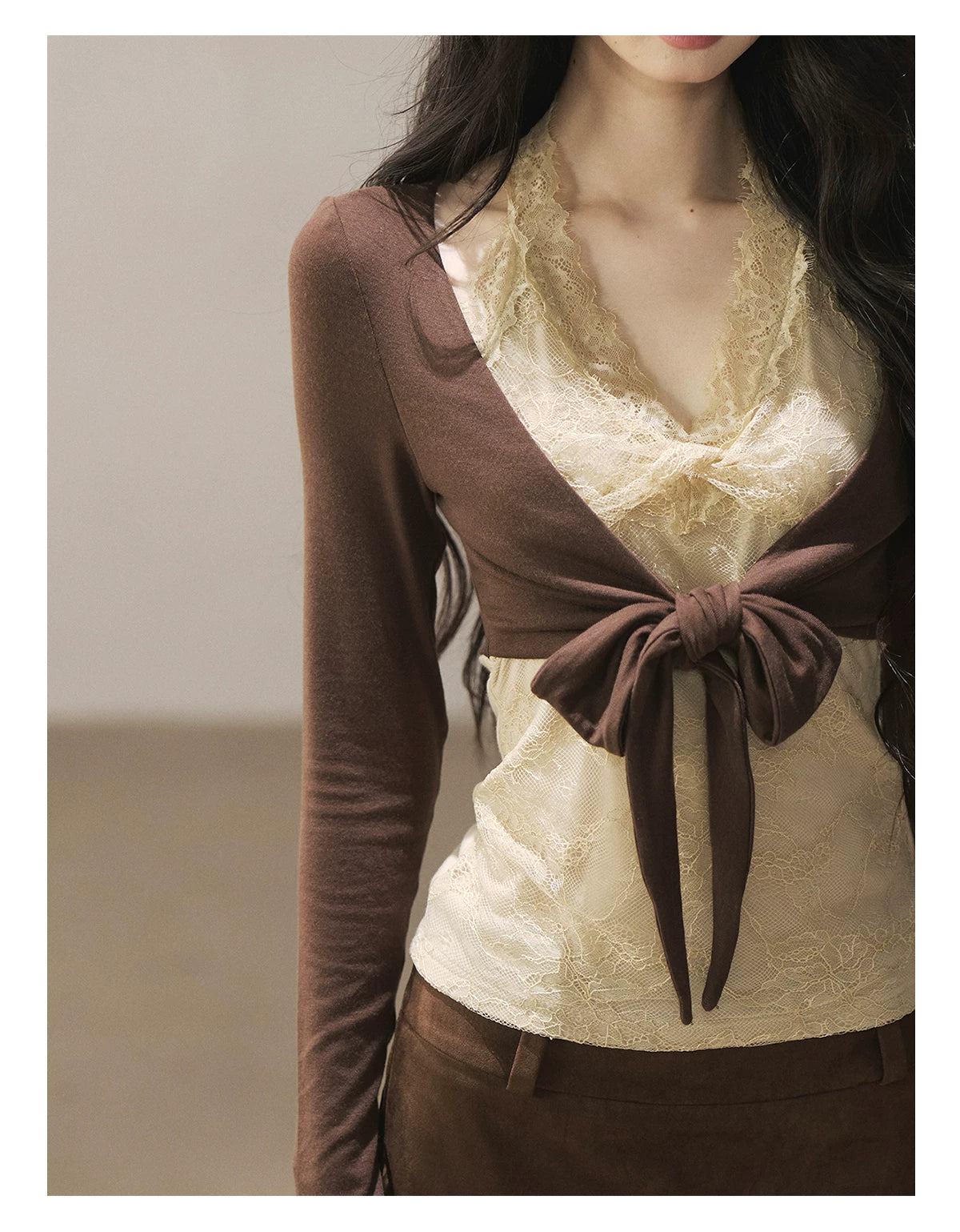 AOMALM - "Tender in This Moment" Rich Cocoa Faux Two-Piece Lace Top