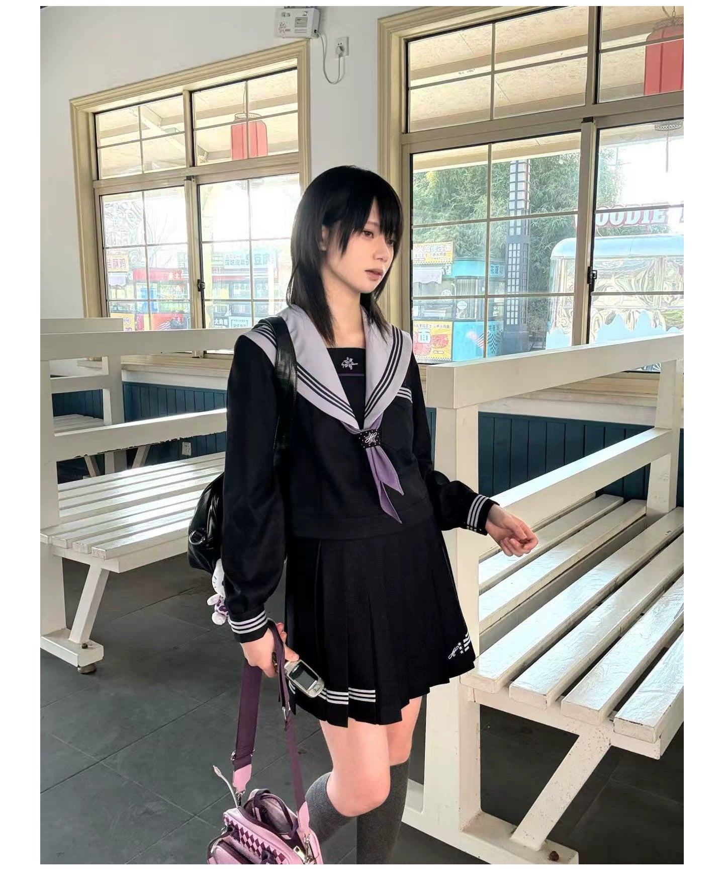 "Snow-Cleared Lily" Gray-Lilac JK Long-Sleeve Sailor Uniform Set