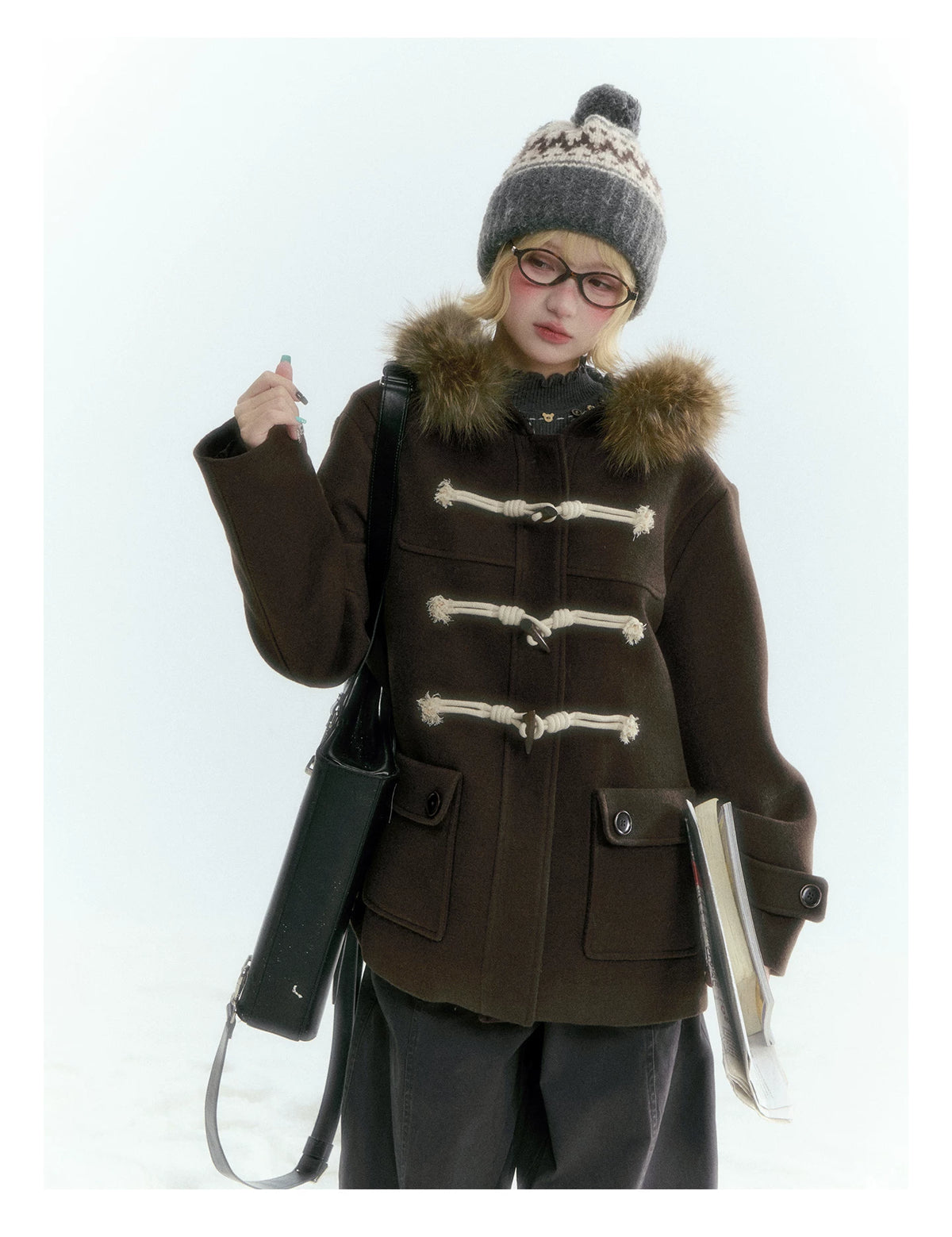Horridale - Dark Coffee Brown Cropped Hooded Toggle Coat with Detachable Faux Fur Collar