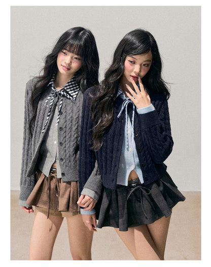 少也眼 “She Sinks into Dusk” Faux-Layered Cable-Knit Cardigan 511256