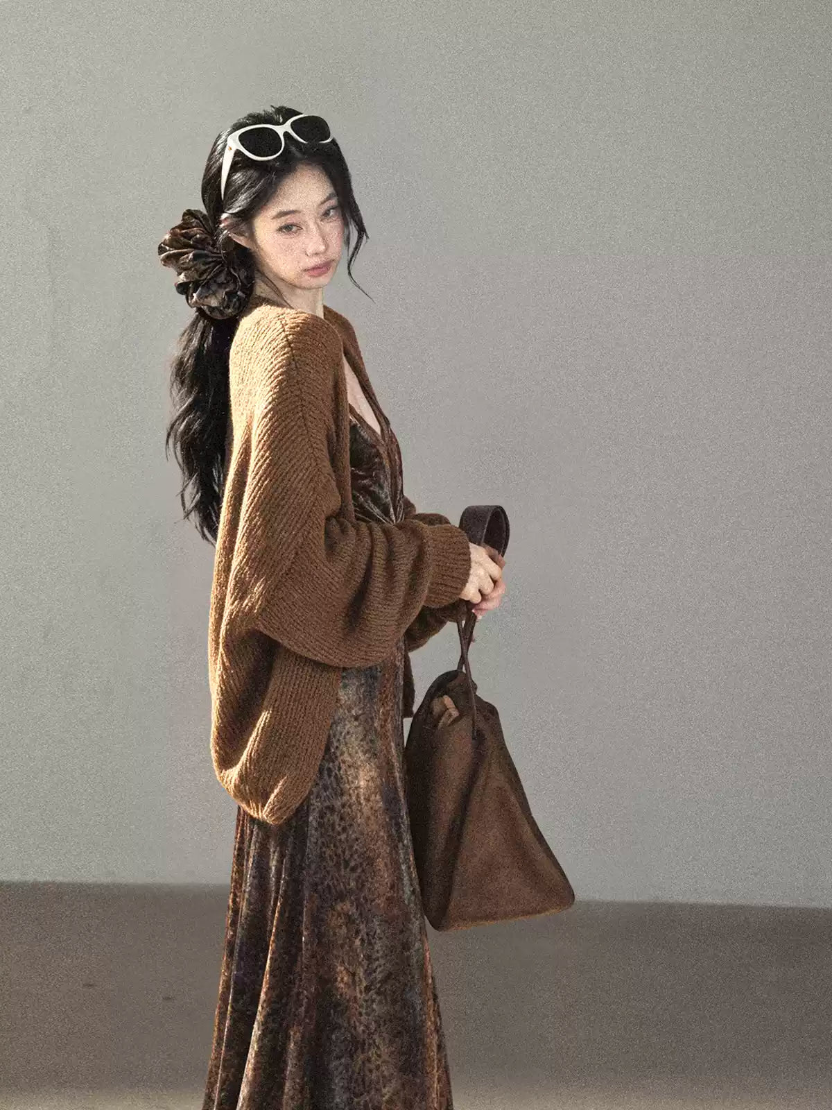 AOMALM - "Draped in Wild Wind" Cocoa Brown Leopard Flocked Bias-Cut Mermaid Maxi Dress (With Matching Hair Tie)