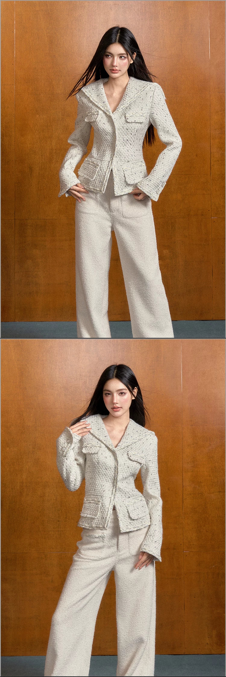 "Winter Heiress" White Tweed Sailor Collar Jacket
