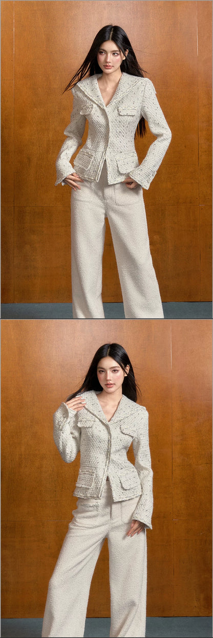 "Winter Heiress" White Tweed Sailor Collar Jacket