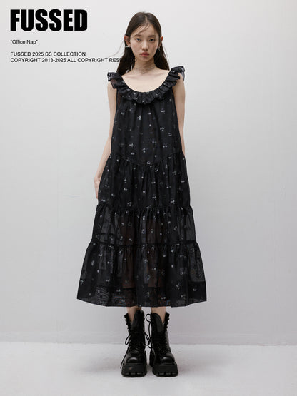 FUSSED Dropping Flora Burnout Floral Babydoll Maxi Dress – Dark Blue Floral FOF-25SS047b