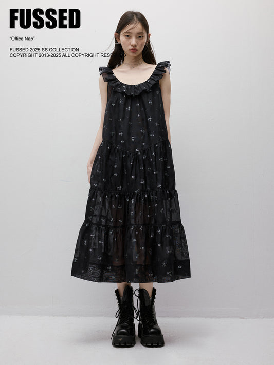FUSSED Dropping Flora Burnout Floral Babydoll Maxi Dress – Dark Blue Floral FOF-25SS047b