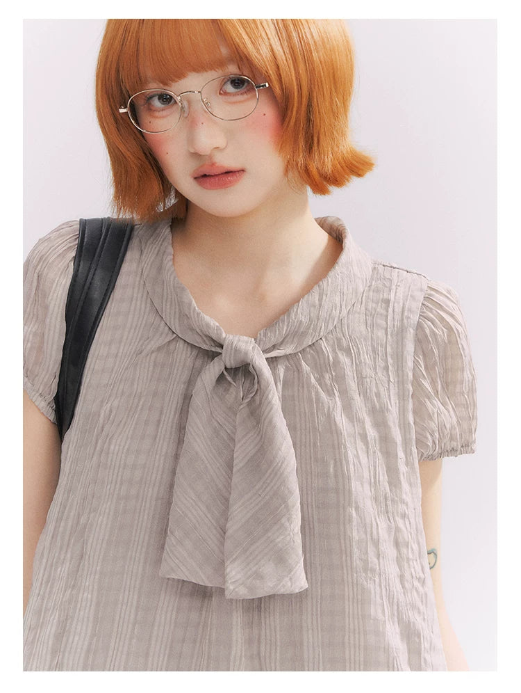 “Formatted Memories” Gray Plaid Textured Bow Tie Puff Sleeve Blouse