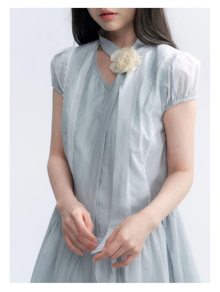 "Cedar Salt" Cool Moon Blue Lace Trim Puff Sleeve Dress