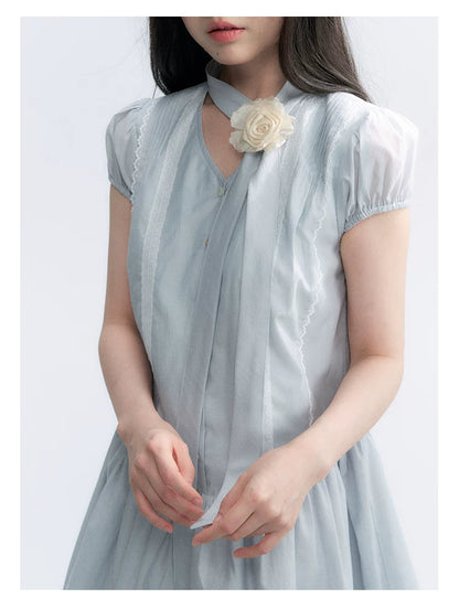 "Cedar Salt" Cool Moon Blue Lace Trim Puff Sleeve Dress