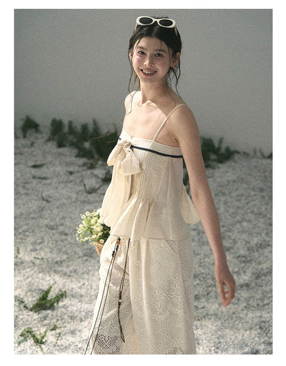 “Breeze Over Pleats” Cream Ribbon Camisole Top