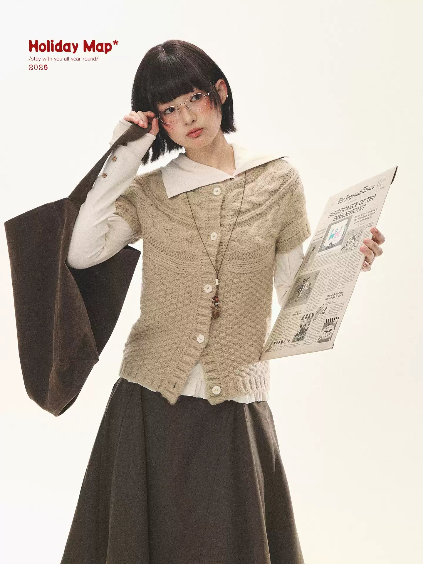 "Cotton Ruffle" Tea Apricot Asymmetric Knit Cardigan