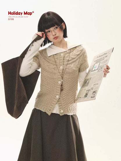 "Cotton Ruffle" Tea Apricot Asymmetric Knit Cardigan