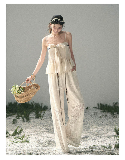 “Wandering Here” Milk Apricot Openwork Wide-Leg Pants