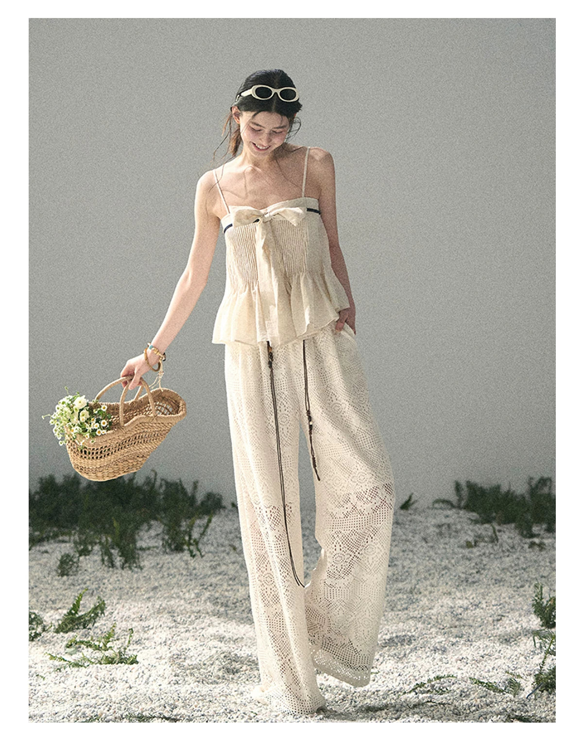 “Breeze Over Pleats” Cream Ribbon Camisole Top